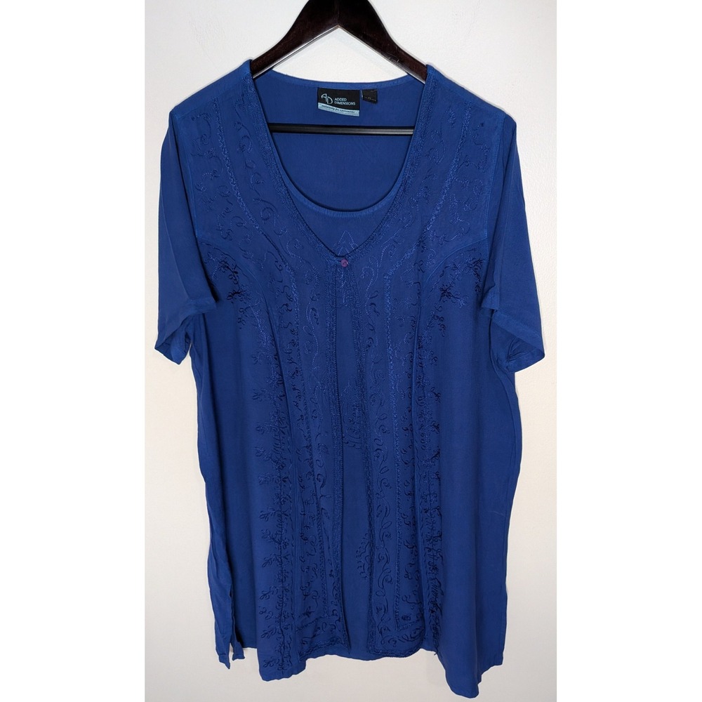 VTG Women 14/16 (0X) Blue Embroidered Tunic Top Boho Artsy Coastal Grandma